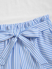 豎條紋紙袋型腰附腰帶短褲 - 藍白色 - 查看 5