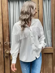 SHEIN LUNE Camisa de hombros caídos con diamante de imitación ribete con fleco - Beis - Ver 6