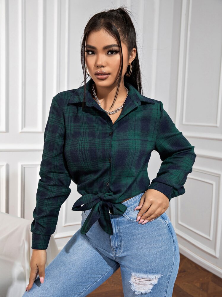 INAWLY Plaid Print Button Front Shirt,Long Sleeve Tops Fall Cloth For Women - Green - View 1