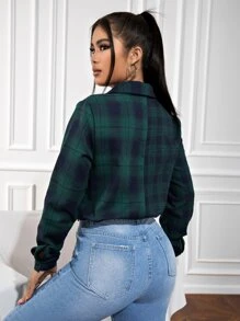 INAWLY 格子印花纽扣衬衫，长袖上衣 - 綠色 - 查看 2