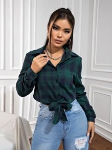 INAWLY 格子印花纽扣衬衫，长袖上衣 - 綠色 - 查看 3