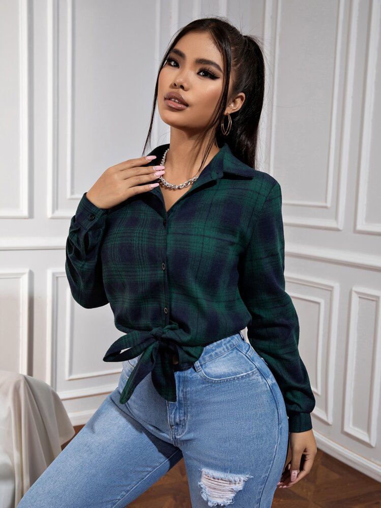 INAWLY Plaid Print Button Front Shirt,Long Sleeve Tops Fall Cloth For Women - Green - View 4