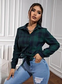 INAWLY 格子印花纽扣衬衫，长袖上衣 - 綠色 - 查看 5