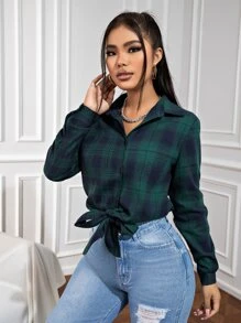 INAWLY 格子印花纽扣衬衫，长袖上衣 - 綠色 - 查看 6