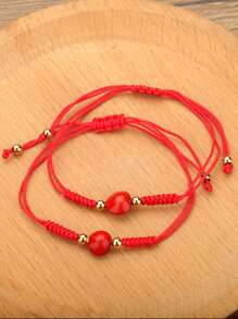 2pcs Bead Decor Braided Bracelet - Red - View 1