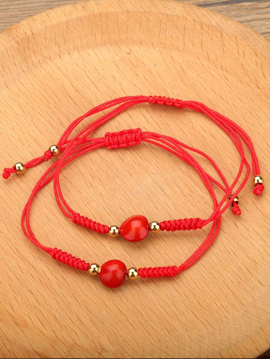 2pcs Bead Decor Braided Bracelet - Red - View 1
