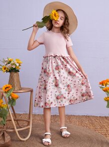 SHEIN Girls Floral Print Ruffle Trim Dress - Baby Pink - View 3