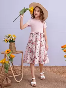 SHEIN Girls Floral Print Ruffle Trim Dress - Baby Pink - View 1