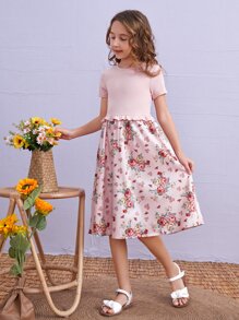 SHEIN Girls Floral Print Ruffle Trim Dress - Baby Pink - View 2