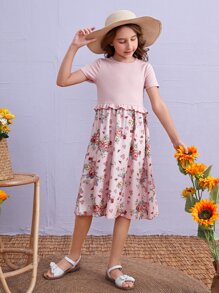 SHEIN Girls Floral Print Ruffle Trim Dress - Baby Pink - View 5
