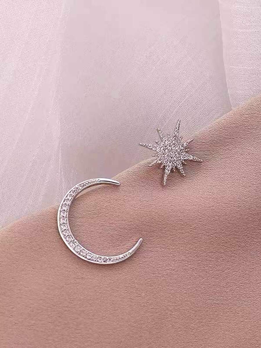 Rhinestone Moon & Star Decor Earrings - Silver - View 1