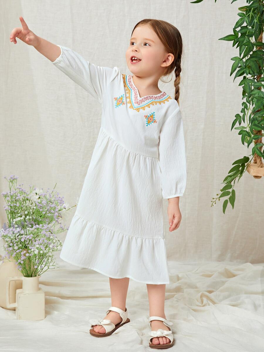 SHEIN Đầm bé gái Nghề thêu Thắt nút Viên lá sen Hình học Boho - trắng - Xem 1