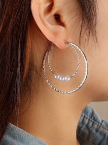 假珍珠裝飾耳環 - 銀色 - 查看 1