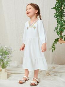 SHEIN Đầm bé gái Nghề thêu Thắt nút Viên lá sen Hình học Boho - trắng - Xem 3