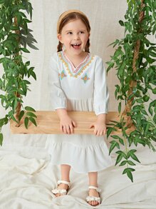 SHEIN Đầm bé gái Nghề thêu Thắt nút Viên lá sen Hình học Boho - trắng - Xem 4