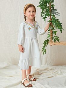 SHEIN Đầm bé gái Nghề thêu Thắt nút Viên lá sen Hình học Boho - trắng - Xem 5