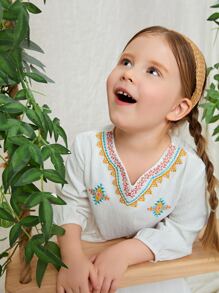 SHEIN Đầm bé gái Nghề thêu Thắt nút Viên lá sen Hình học Boho - trắng - Xem 6