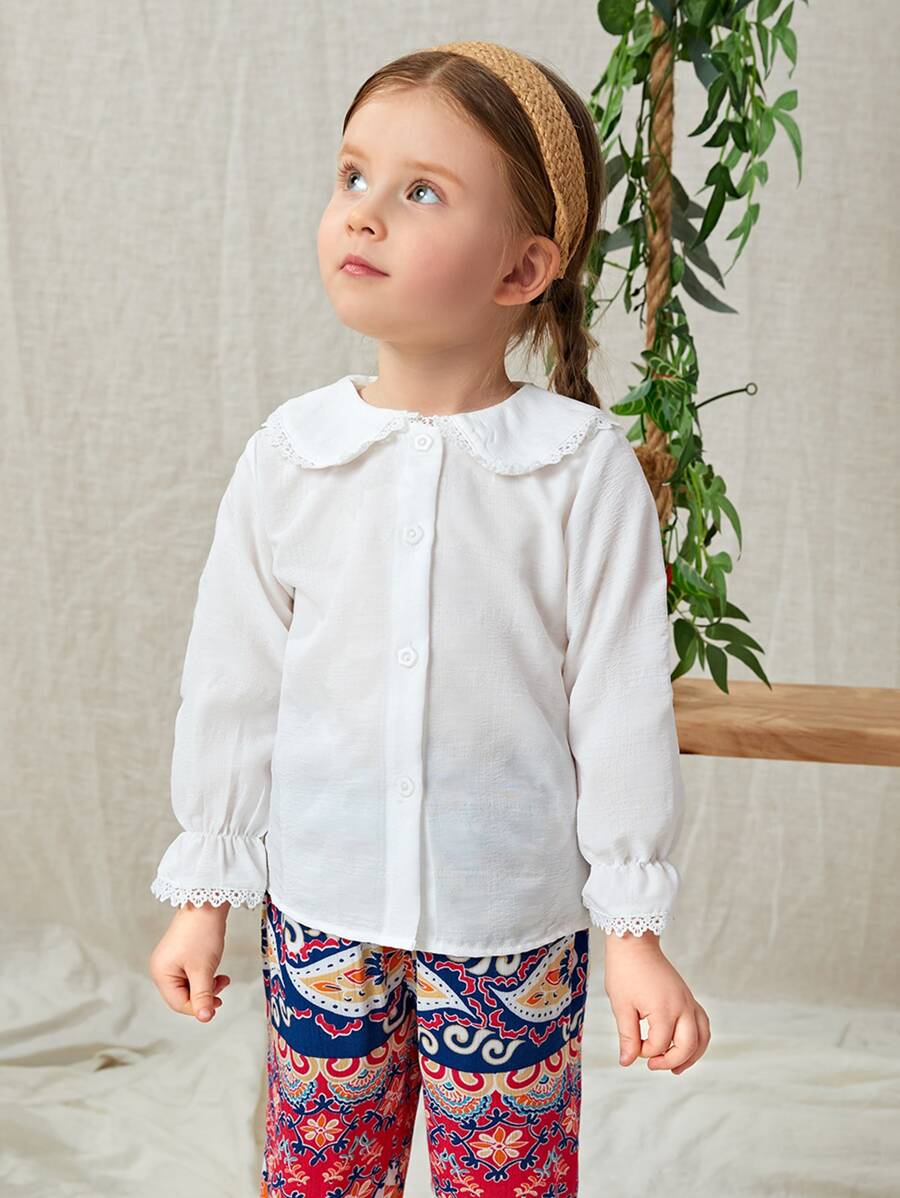 SHEIN Young Girl Peter Pan Collar Lace Trim Blouse - White - View 1