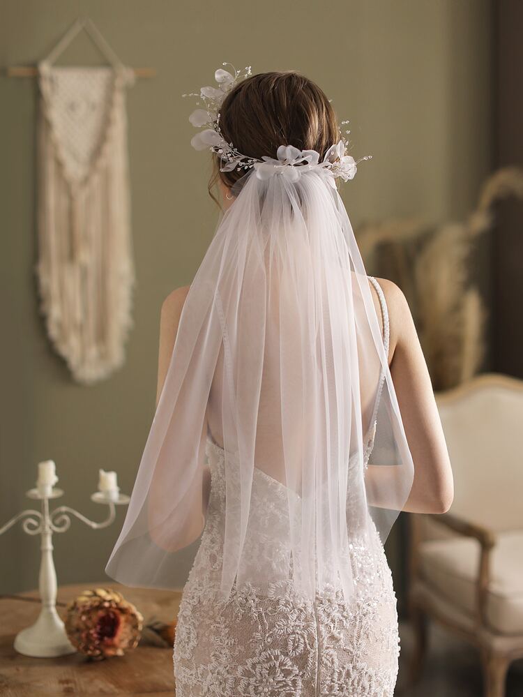 2 velos de novia con decoración de flores de tela - Blanco - Añade 2