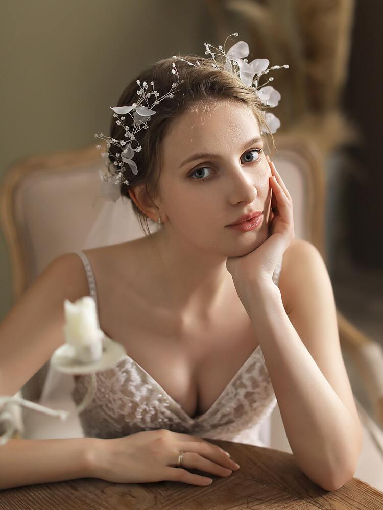 2 velos de novia con decoración de flores de tela - Blanco - Añade 4