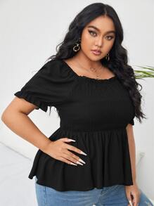 Áo sơ mi Plus Size viền lá sen Viên lá sen Dải chun màu trơn Thanh lịch - màu đen - Xem 1