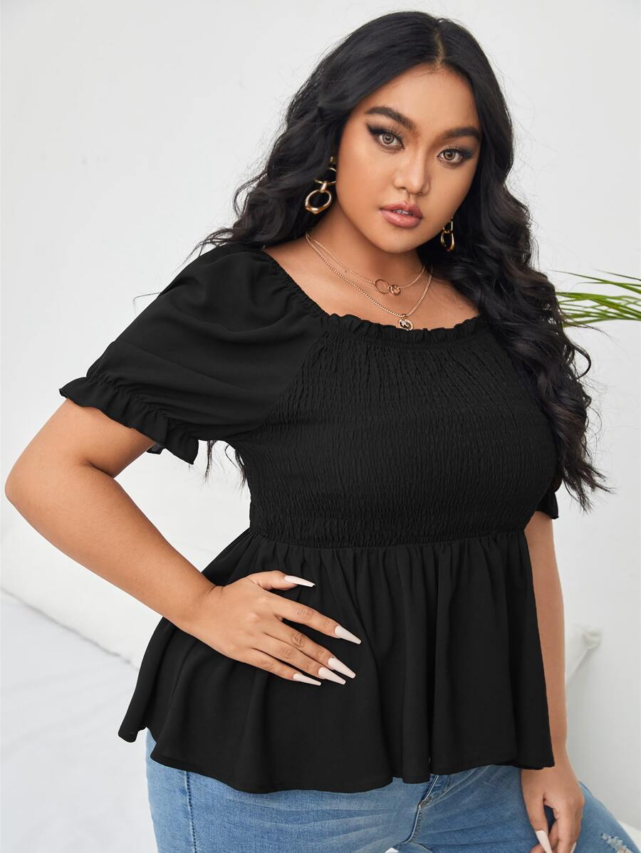 Áo sơ mi Plus Size viền lá sen Viên lá sen Dải chun màu trơn Thanh lịch - màu đen - Xem 1
