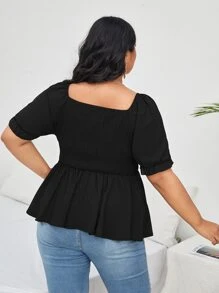 Áo sơ mi Plus Size viền lá sen Viên lá sen Dải chun màu trơn Thanh lịch - màu đen - Xem 2