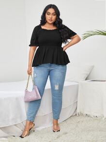 Áo sơ mi Plus Size viền lá sen Viên lá sen Dải chun màu trơn Thanh lịch - màu đen - Xem 3