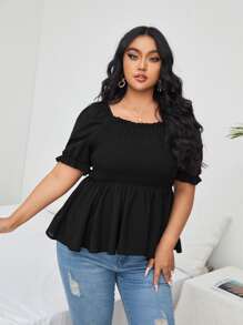 Áo sơ mi Plus Size viền lá sen Viên lá sen Dải chun màu trơn Thanh lịch - màu đen - Xem 4