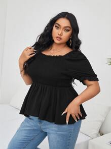 Áo sơ mi Plus Size viền lá sen Viên lá sen Dải chun màu trơn Thanh lịch - màu đen - Xem 5