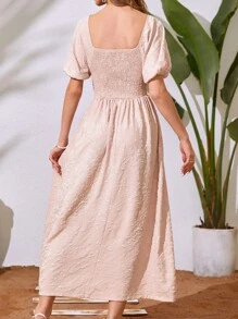 Mulvari Đầm Lộ Lưng Xù Dải chun màu trơn Giải trí - Màu Hồng baby - Xem 2