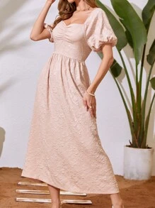 Mulvari Đầm Lộ Lưng Xù Dải chun màu trơn Giải trí - Màu Hồng baby - Xem 3