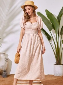 Mulvari Đầm Lộ Lưng Xù Dải chun màu trơn Giải trí - Màu Hồng baby - Xem 4