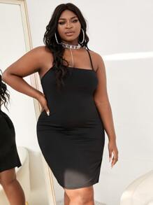 SHEIN SXY Plus Lace Up Backless Cami Bodycon Dress - Black - View 3
