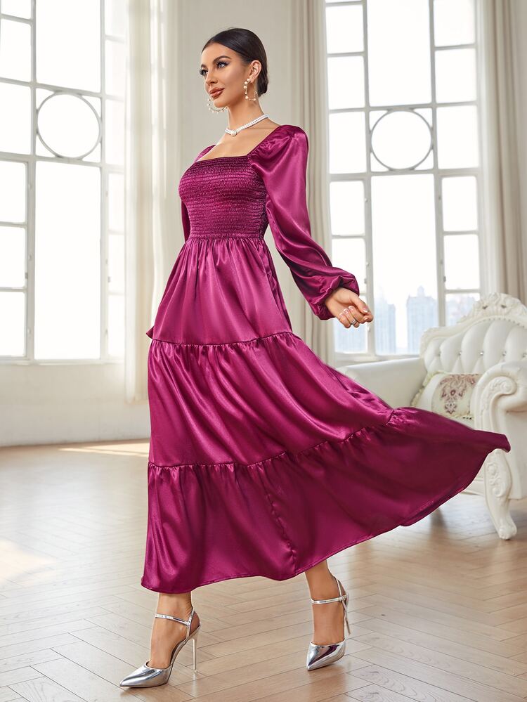 Modelyn Vestido con fruncido de cuello cuadrado de manga farol bajo con fruncido de satén - Rojo violeta - Añade 4
