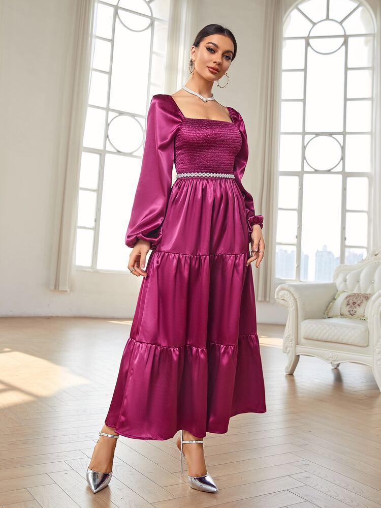 Modelyn Vestido con fruncido de cuello cuadrado de manga farol bajo con fruncido de satén - Rojo violeta - Añade 5