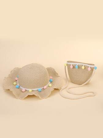 Girls Pom Pom Decor Straw Hat & Bag