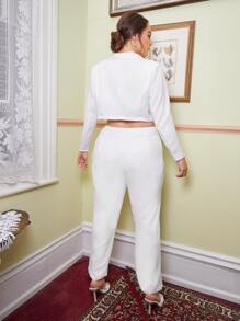 SHEIN Unity 大碼缺口領單釦西裝外套和高開叉長褲套裝 - 白色 - 查看 3