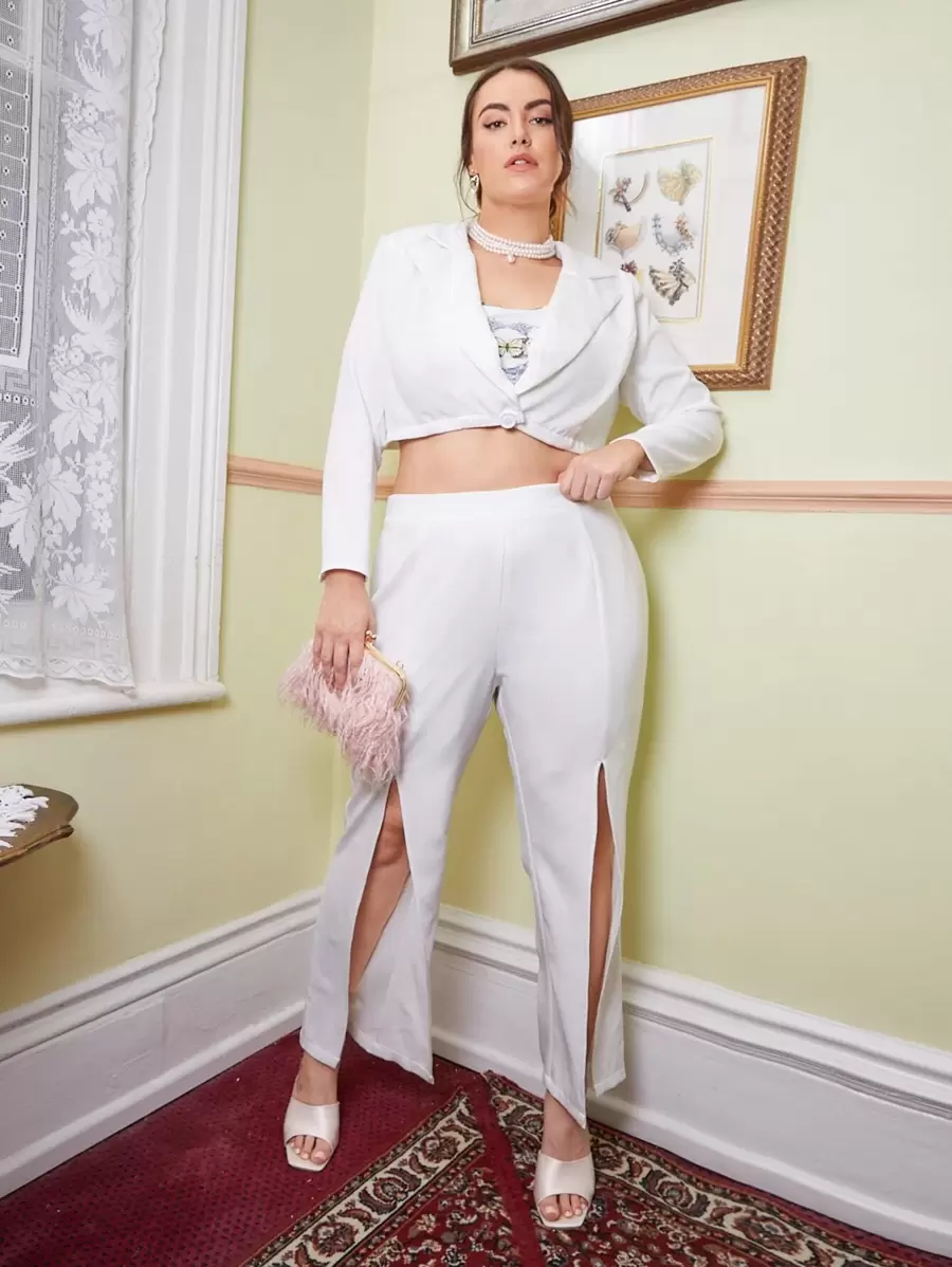 SHEIN Unity 大碼缺口領單釦西裝外套和高開叉長褲套裝 - 白色 - 查看 1