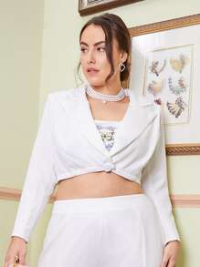 SHEIN Unity 大碼缺口領單釦西裝外套和高開叉長褲套裝 - 白色 - 查看 4