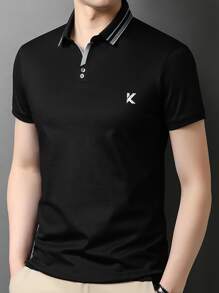 Manfinity Men Letter Graphic Striped Trim Polo Shirt - Black - View 1