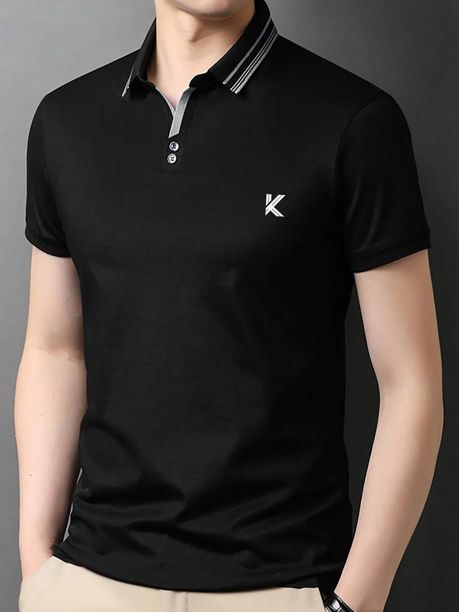 Manfinity Men Letter Graphic Striped Trim Polo Shirt - Black - View 1