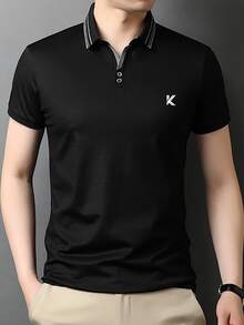 Manfinity Men Letter Graphic Striped Trim Polo Shirt - Black - View 6