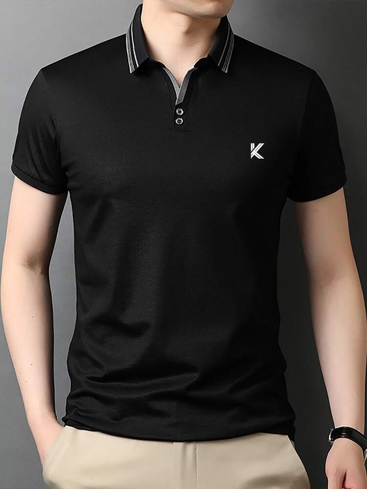Manfinity Hombres Camisa polo con estampado de letra ribete de rayas - Negro - Añade 6