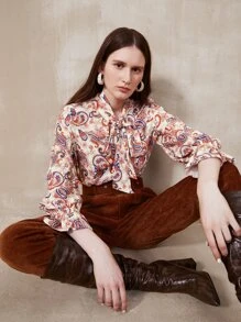 MOTF PREMIUM PAISLEY PRINTED TIE-NECK TOP - Multicolor - View 3