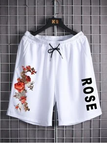Manfinity Men Rose & Letter Graphic Drawstring Shorts - White - View 1