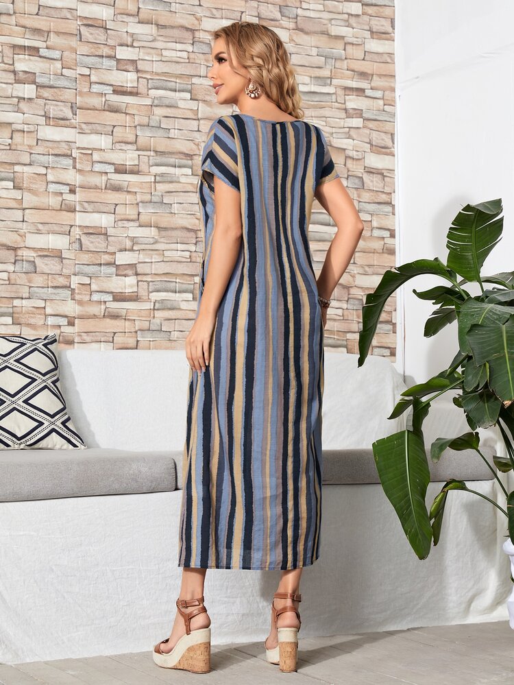 EMERY ROSE Buttoned Detail Slant Pocket Striped Dress - Multicolor - View 2