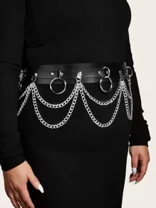 Dây thắt lưng hai lớp hình tròn kim loại màu đen cỡ lớn dành cho nữ, có dây xích hai lớp, chất liệu da trang trí, phù hợp với phong cách Gothic Punk, trang phục hàng ngày cho Halloween, mùa hè, trường học, mùa thu, Halloween - màu đen - Xem 8