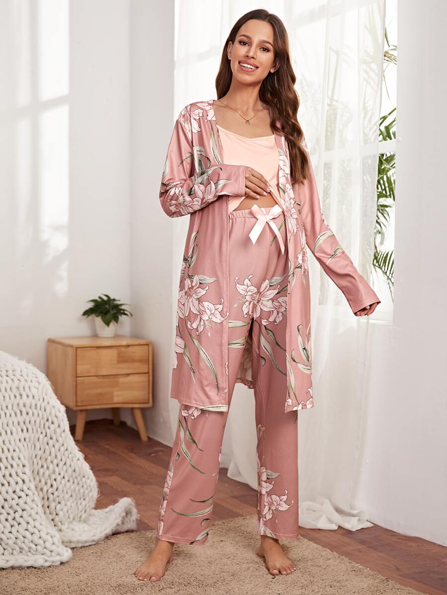 SHEIN Maternity Floral Print Robe & Adjustable Elastic Waist Trousers And Cami Top Pyjama Set - Multicolor - View 1