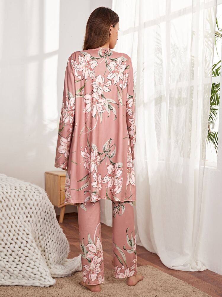 SHEIN Maternity Floral Print Robe & Adjustable Elastic Waist Pants And Cami Top Pajama Set - Multicolor - View 2
